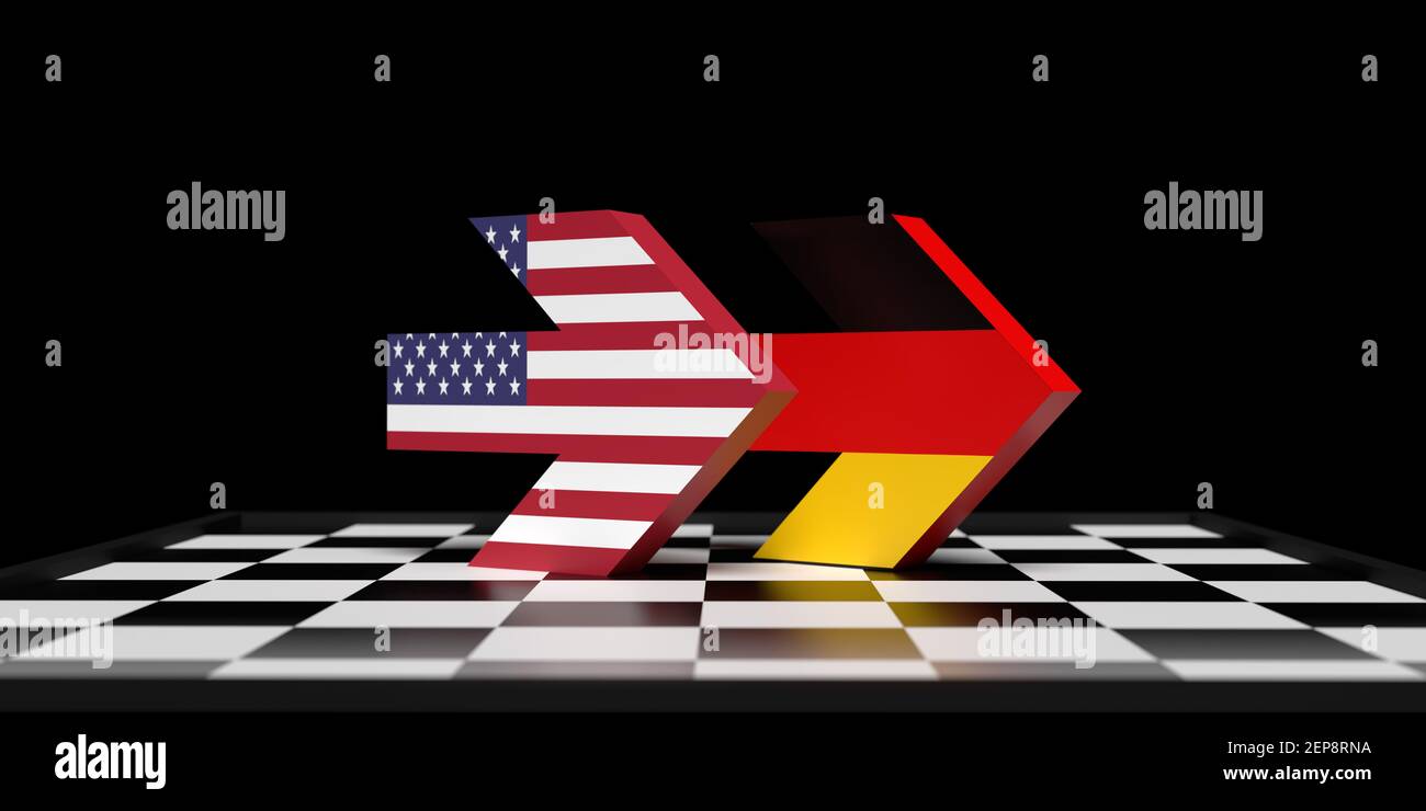 International political communication concept in 3D: USA, American, and German flag. Arrows showing strategically forward. Chess board background Stock Photo