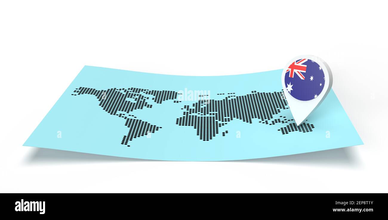 3D render country map locator pointing on global destination on flat world map. Symbol carries Australian flag. Isolated illustration with copy space Stock Photo