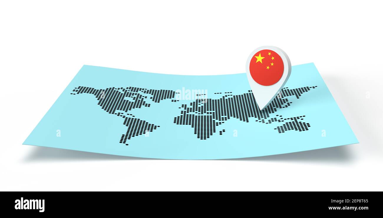 3D rendered country map locator pointing on a global destination on flat world map. Symbol carries China flag. Isolated illustration with copy space Stock Photo