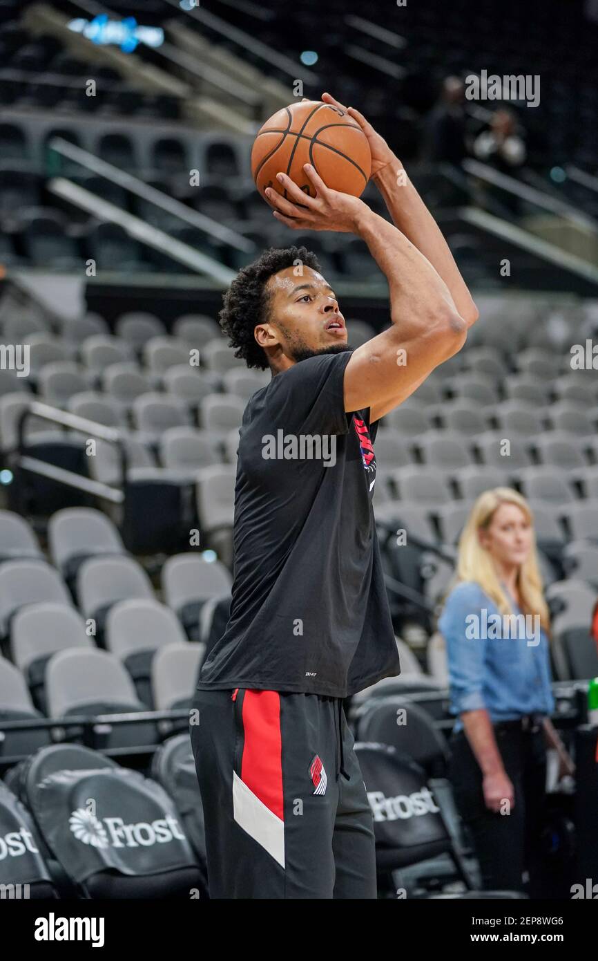 Nov 16, 2019; San Antonio, TX, USA; Portland Trail Blazers forward Skal  Labissiere (17) warms up before the game against the San Antonio Spurs at  the AT&T Center. Mandatory Credit: Daniel Dunn-USA