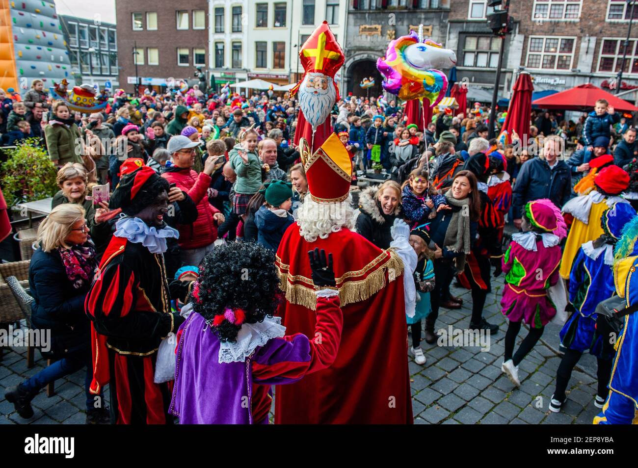 Sinterklaas arriving at the centre of the city during the event. Like each  year the first Saturday after November 11th, the red-and-white-clad  Sinterklaas (St. Nicholas) arrives with great fanfare to several Dutch