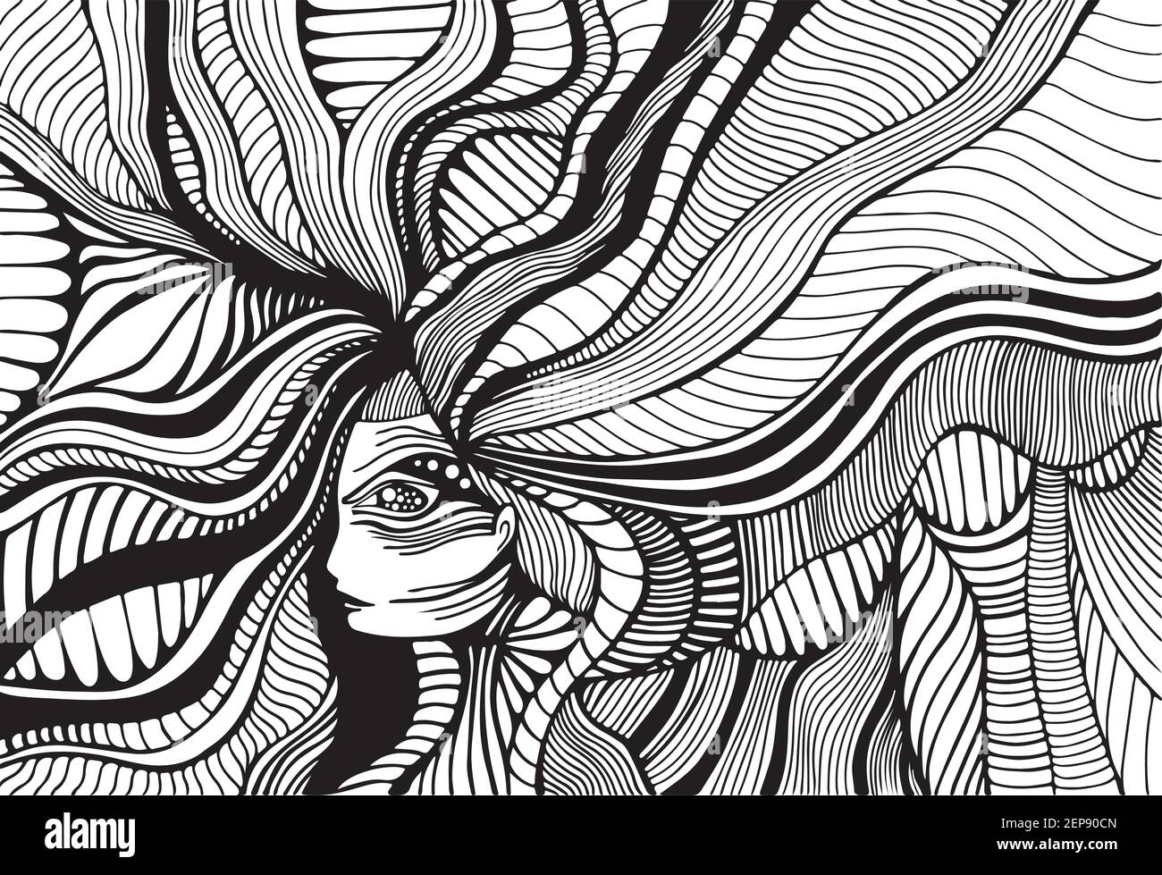 Fantastic Surreal Girl With Wave Hair Adult Coloring Page Line Art Doodle Style Background Vector Hand Drawn Antistress Fantasy Psychedelic Woman I Stock Vector Image Art Alamy