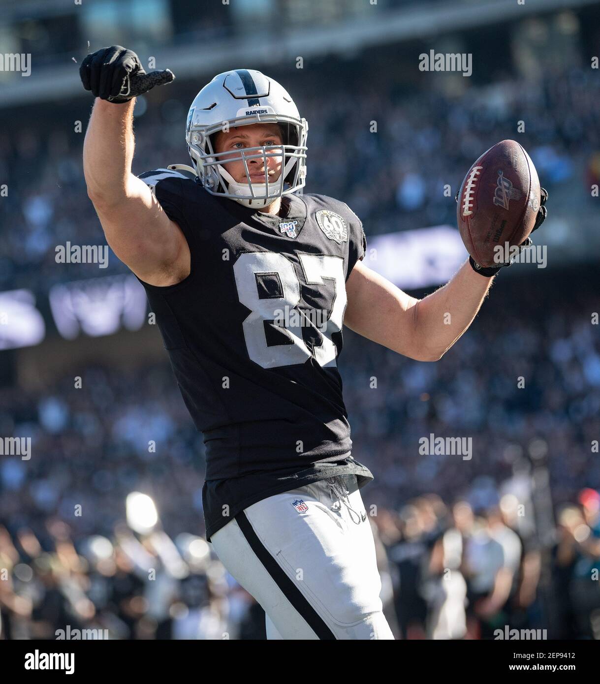 November 17, 2019: Oakland Raiders tight end Foster Moreau (87) celebrates  his touchdown, during a NFL game between the Cincinnati Bengals and the  Oakland Raiders at the Oakland Coliseum in Oakland, California.