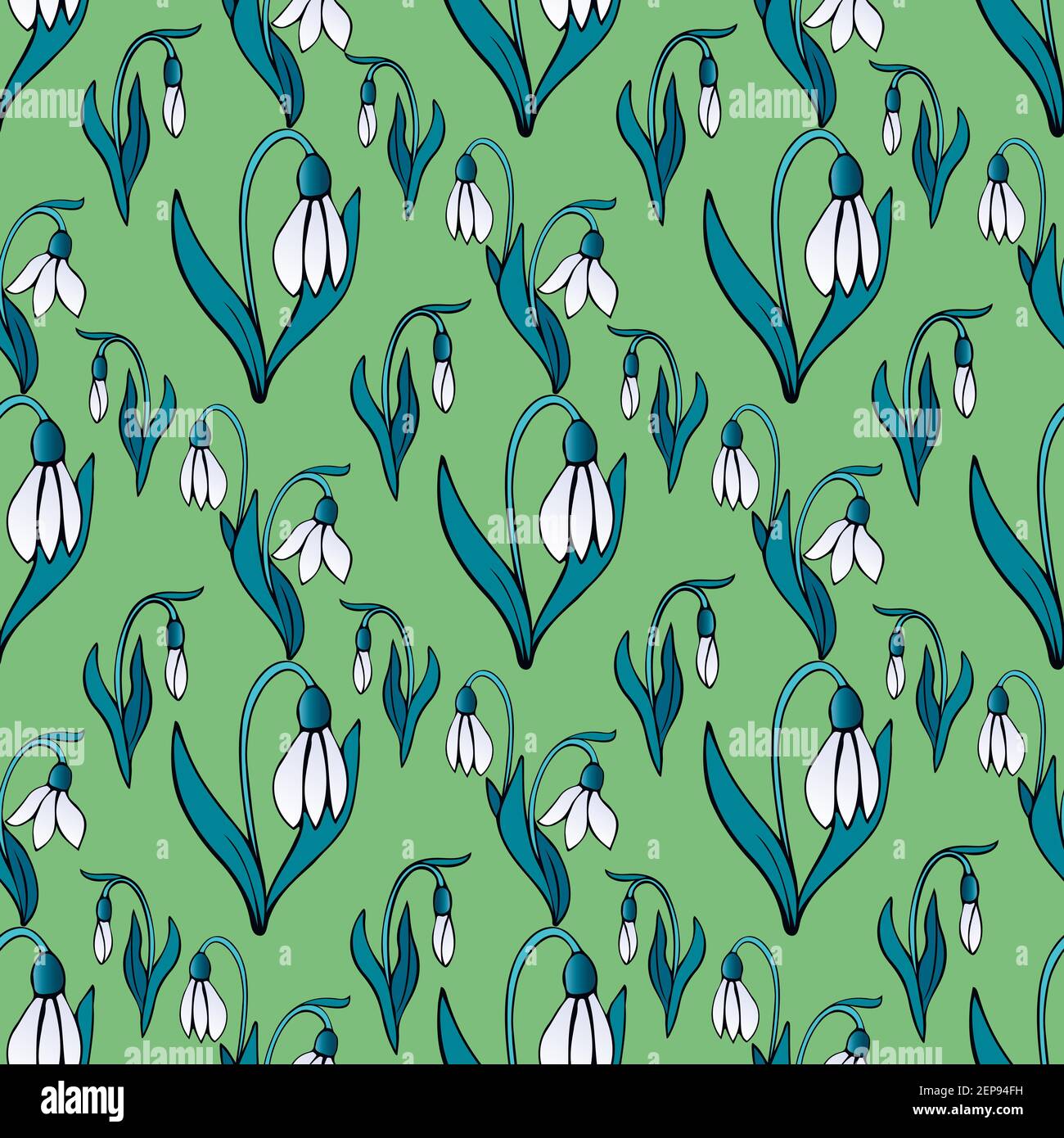 Blooming snowdrops seamless pattern. Floral background doodle style. Vector botanical decorative element. Stock Vector