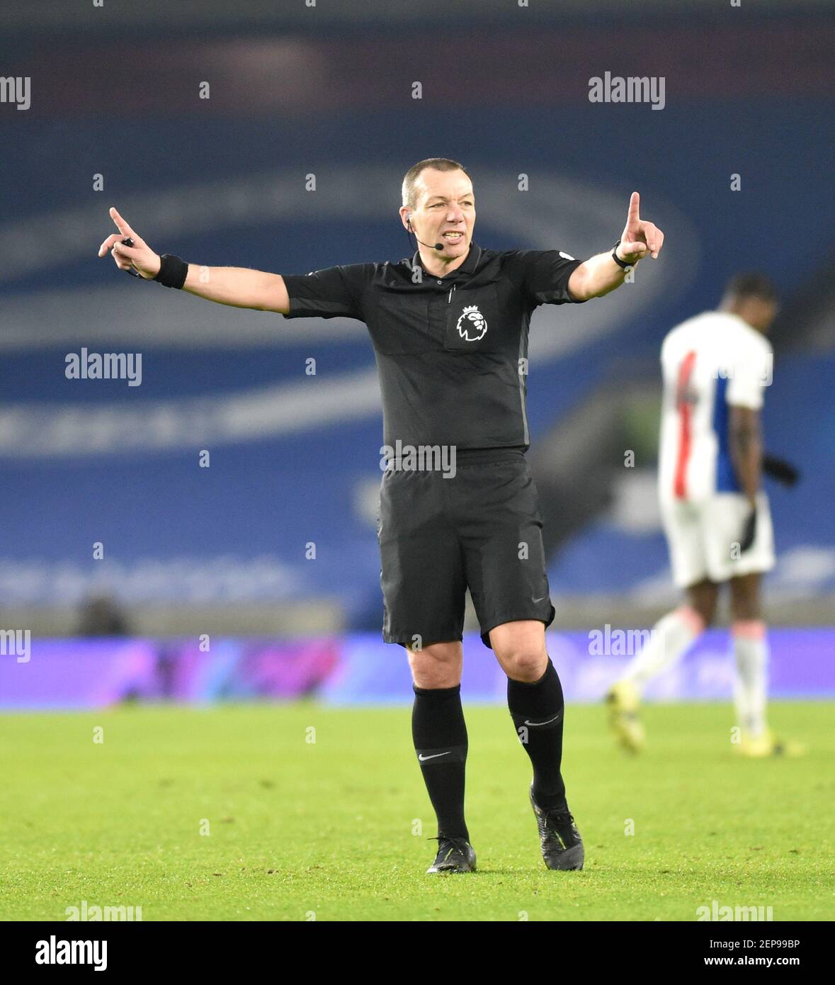 Referee Kevin Friend during the Premier League match between Brighton and Hove Albion and Crystal Palace at the American Express Community Stadium  , Brighton ,  UK - 22nd February 2021 Editorial use only. No merchandising. For Football images FA and Premier League restrictions apply inc. no internet/mobile usage without FAPL license - for details contact Football Dataco Stock Photo