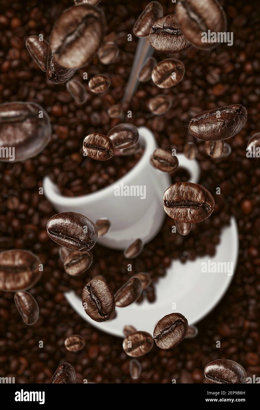 background with coffee beans falling on a cup of coffee Stock Photo - Alamy