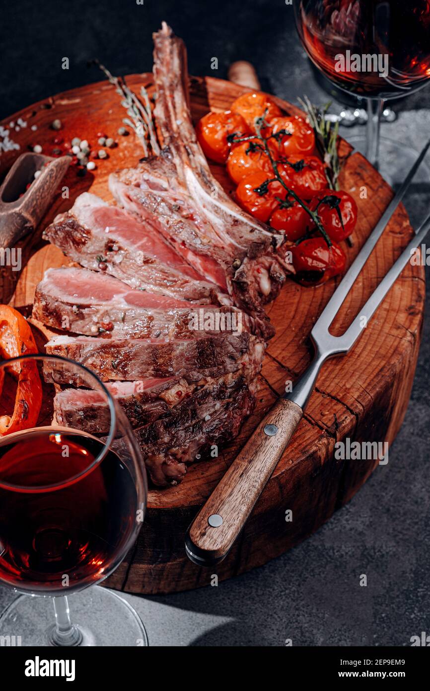 dinner for two with steaks and red wine Stock Photo Alamy