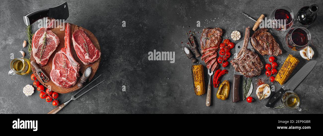 marbled beef steaks on a stone surface before and after cooking. banner, place for text Stock Photo