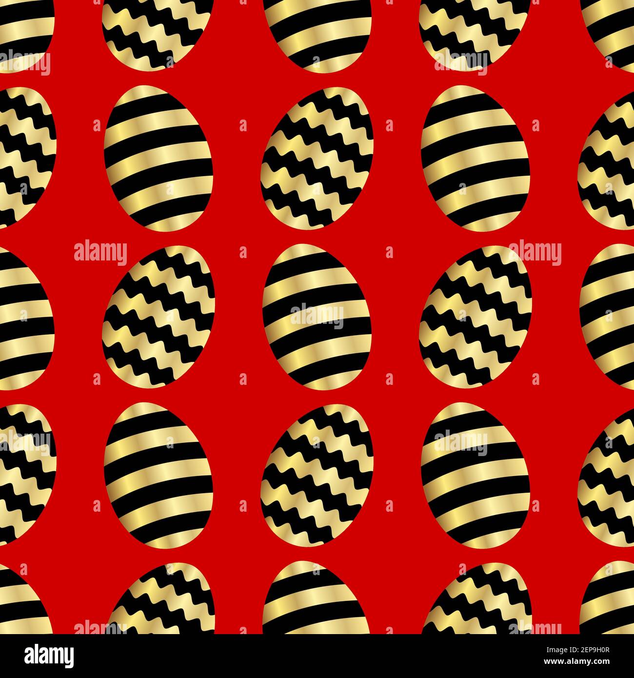 Festive Easter seamless pattern with eggs golden black pattern, isolated on red background. Vector mystical easter background with eggs. Stock Vector