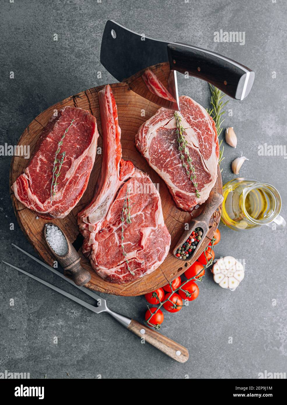 Fresh raw Prime Black Angus beef steaks. Variety of raw beef meat