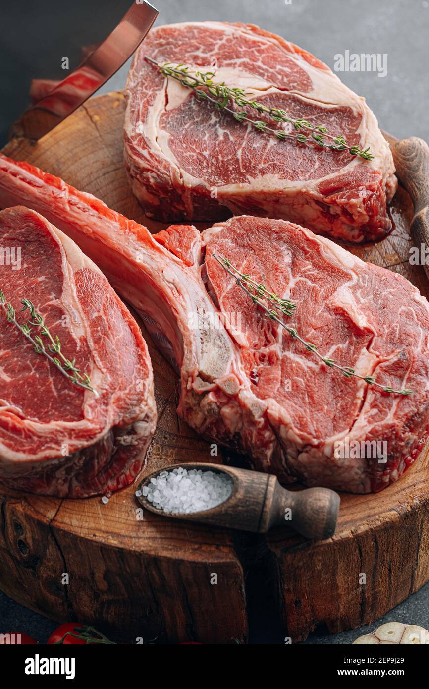 Fresh raw Prime Black Angus beef steaks. Variety of raw beef meat