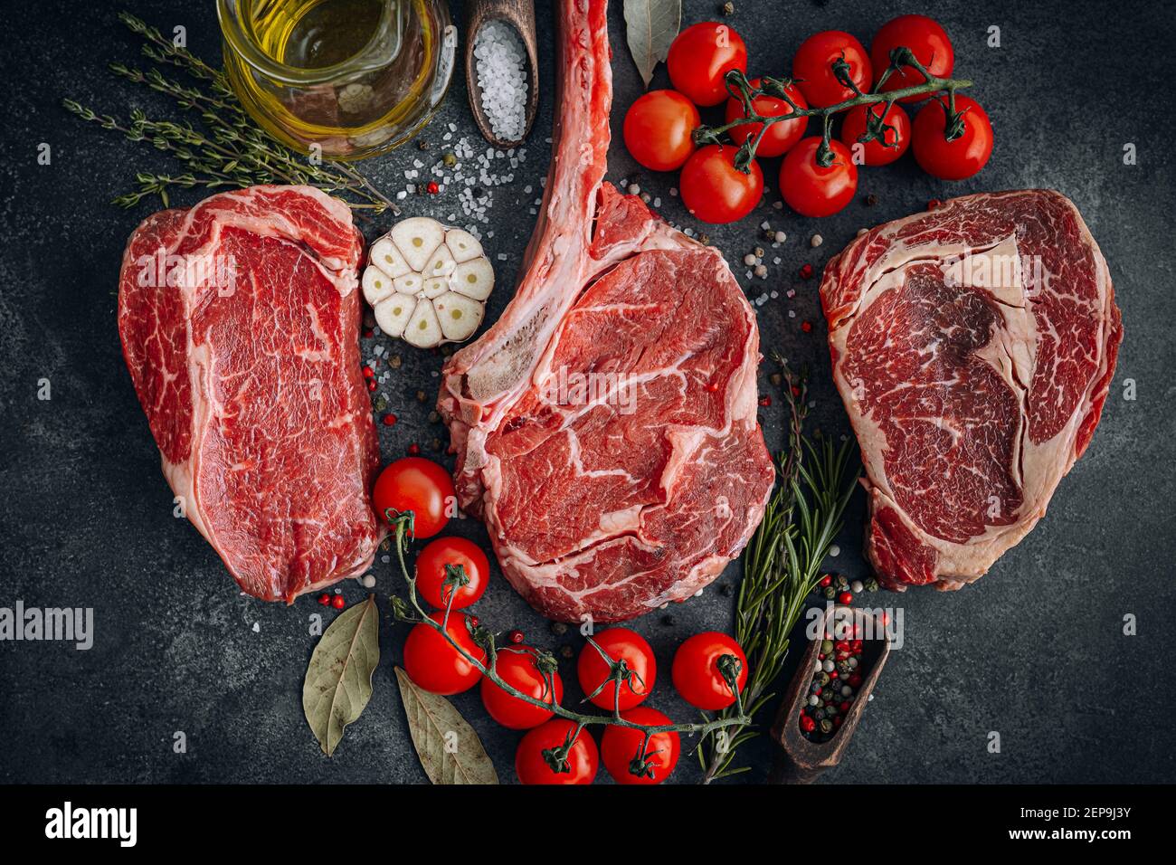 Fresh raw Prime Black Angus beef steaks. Variety of raw beef meat