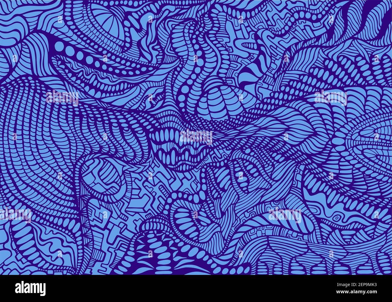 Doodle style colorful surreal pattern. Abstract ornament dark blue ...