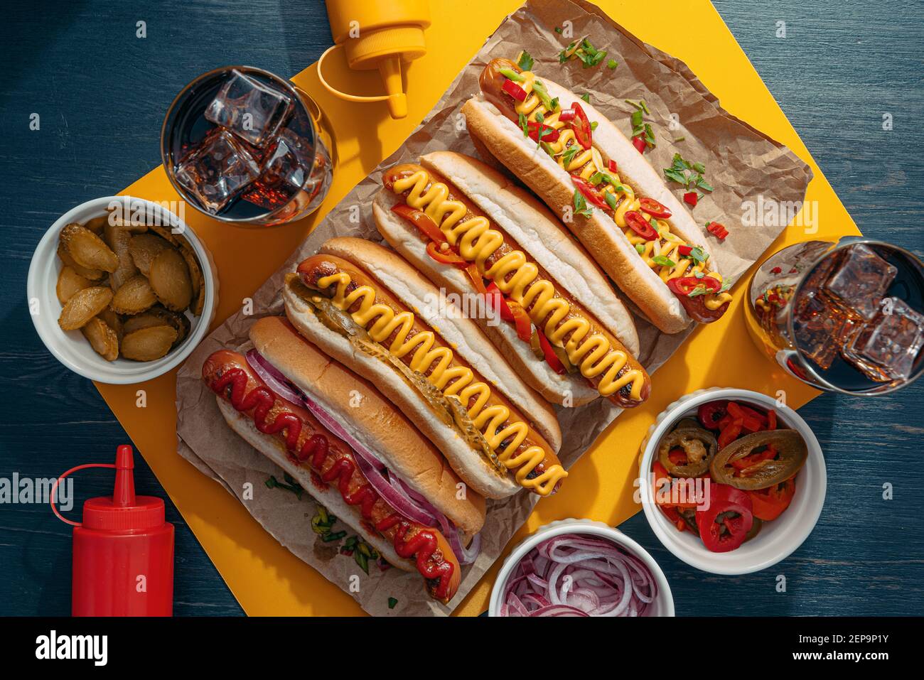 four fresh ready to eat american hot dogs Stock Photo Alamy