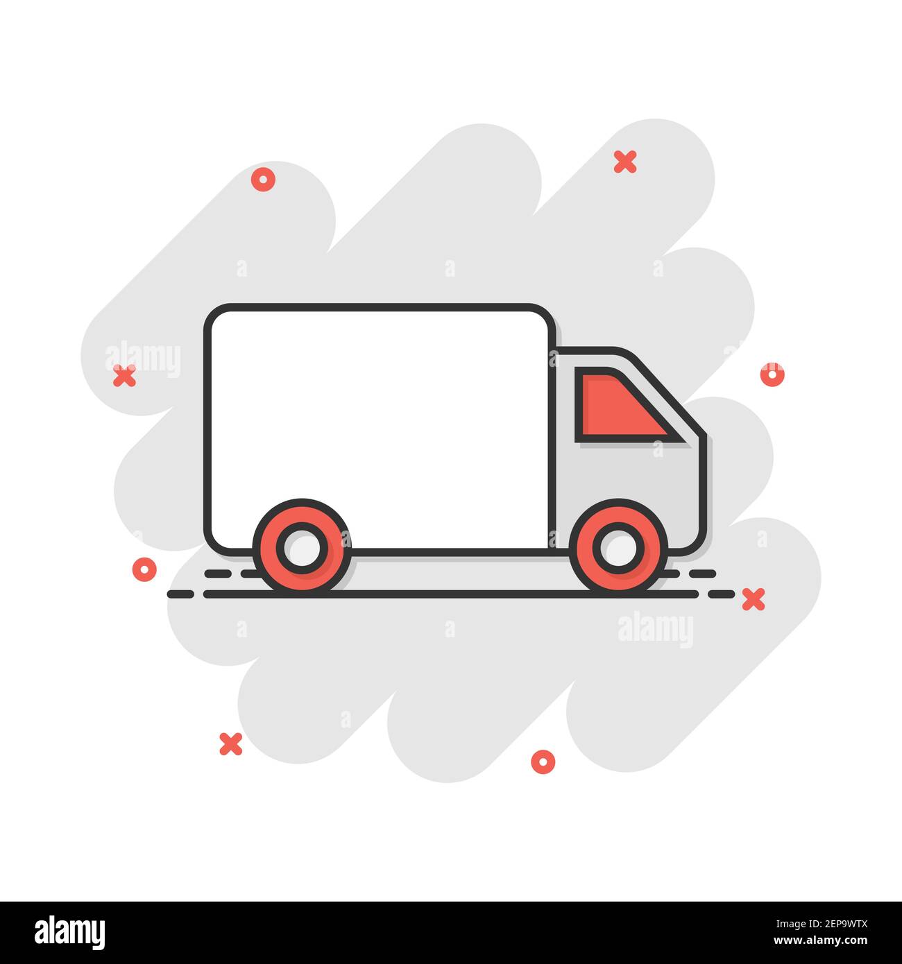 Vector cartoon truck, car icon in comic style. Fast delivery service shipping sign illustration pictogram. Car van business splash effect concept. Stock Vector