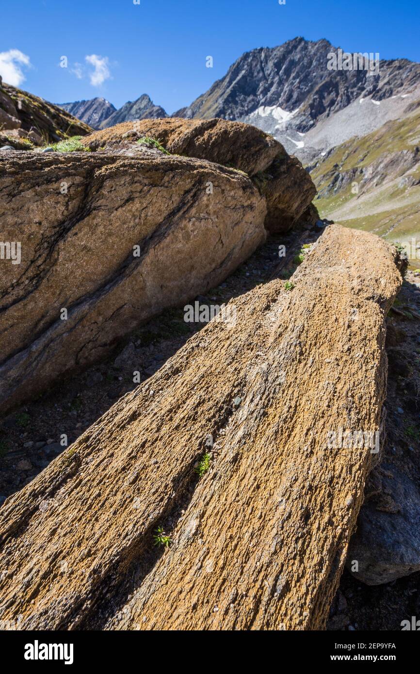 Rocks, geology of high Timmeltal alpine valley. Austrian Alps. Europe. Stock Photo