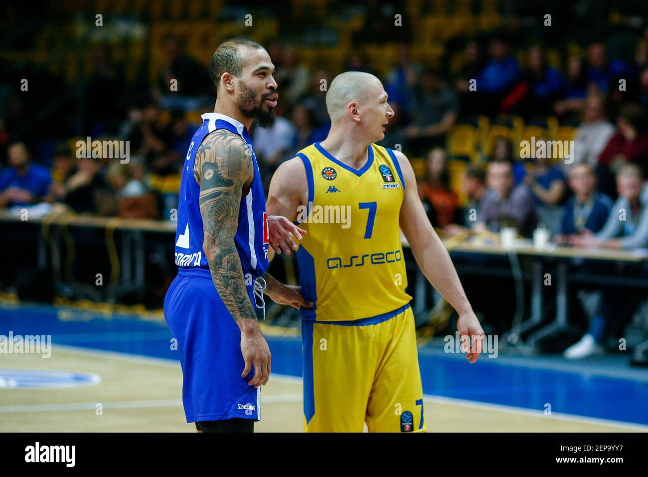 Justin Cobbs and Krzysztof Szubarga are seen in action during the 7days EuroCup  group D match between Asseco Arka Gdynia and Buducnost Voli Podgorica in  Gdynia. (Final Score; Asseco Arka Gdynia 61:78