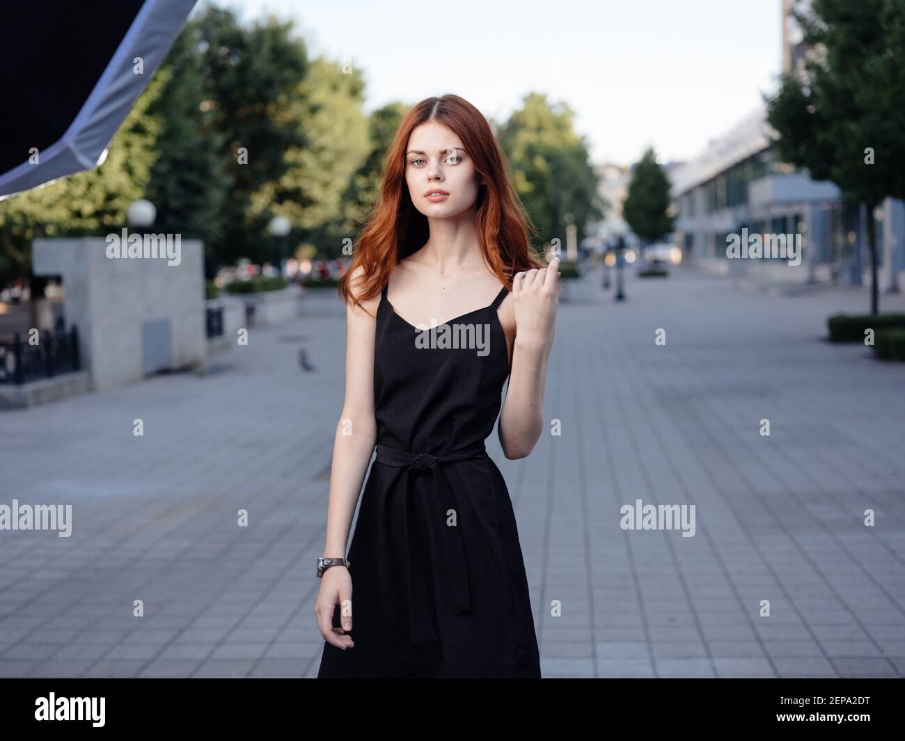 Beautiful woman in black dress walks back hi-res stock photography and ...