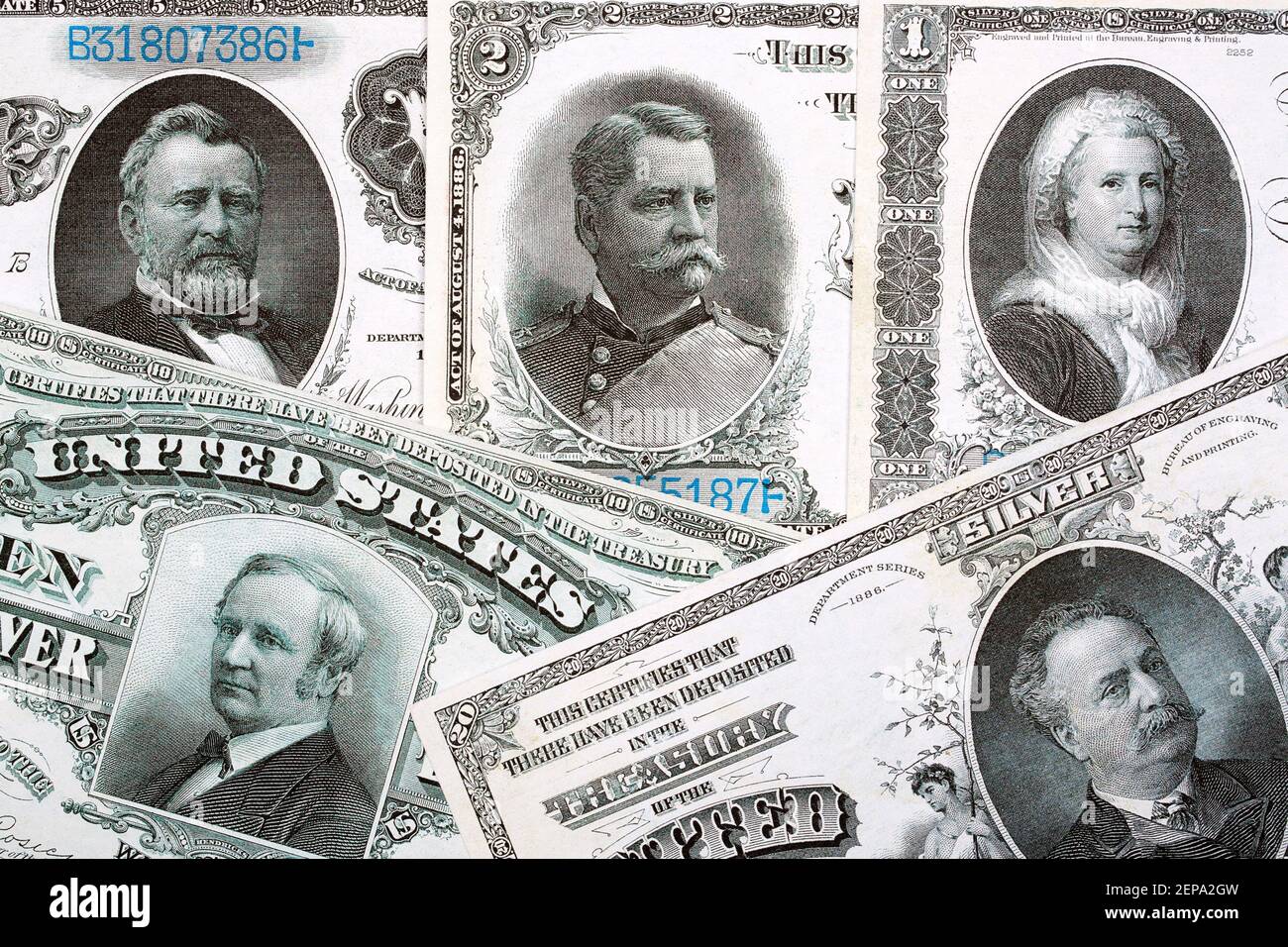 Silver Certificates - USA currency issued in 1886 Stock Photo