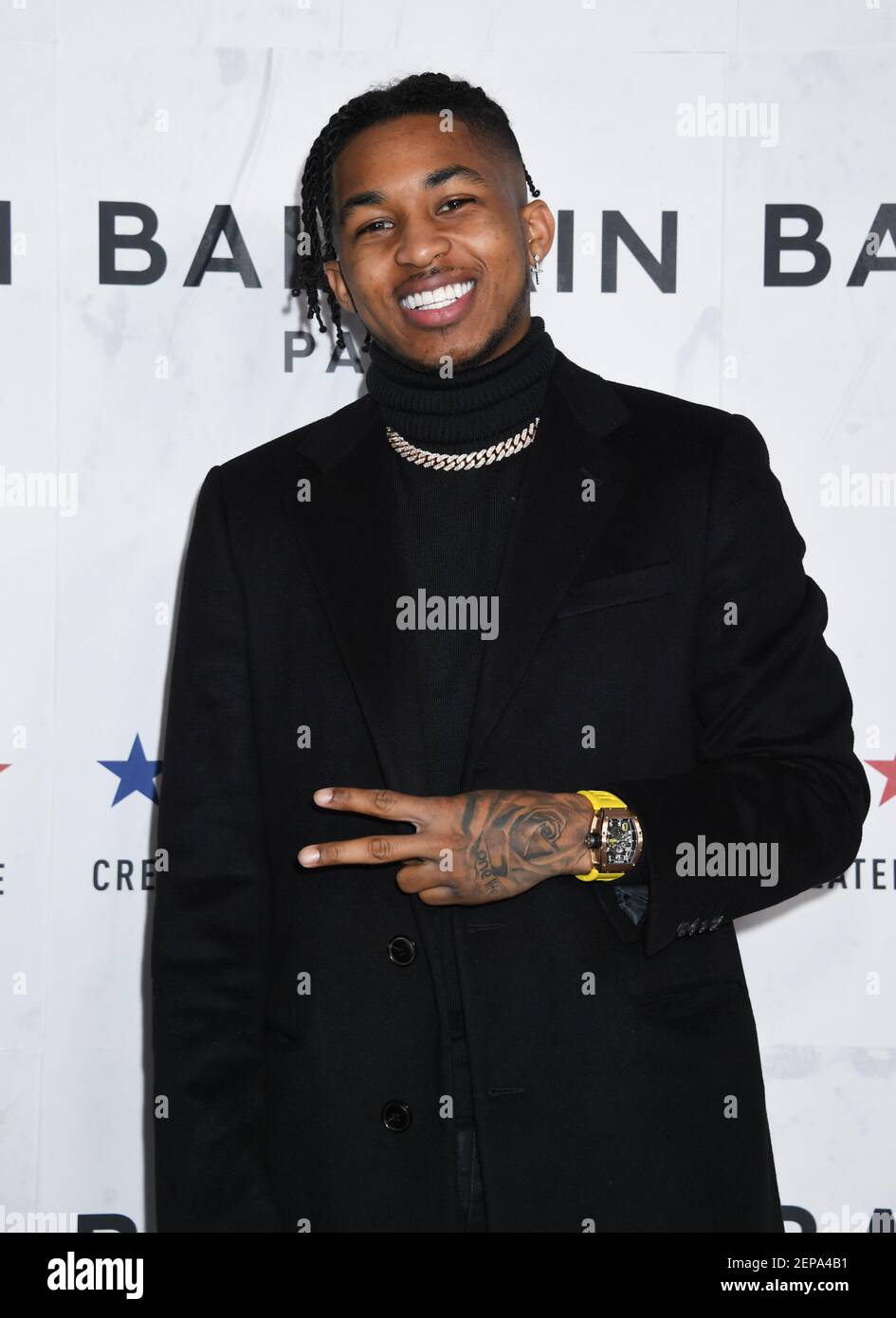 Rapper DDG wearing Puma X Balmain arrives to the Launch of Puma X Balmain  collaboration created by Cara Delevingne and Olivier Rousteing, held at  Milk Studios in Los Angeles, CA on Thursday,