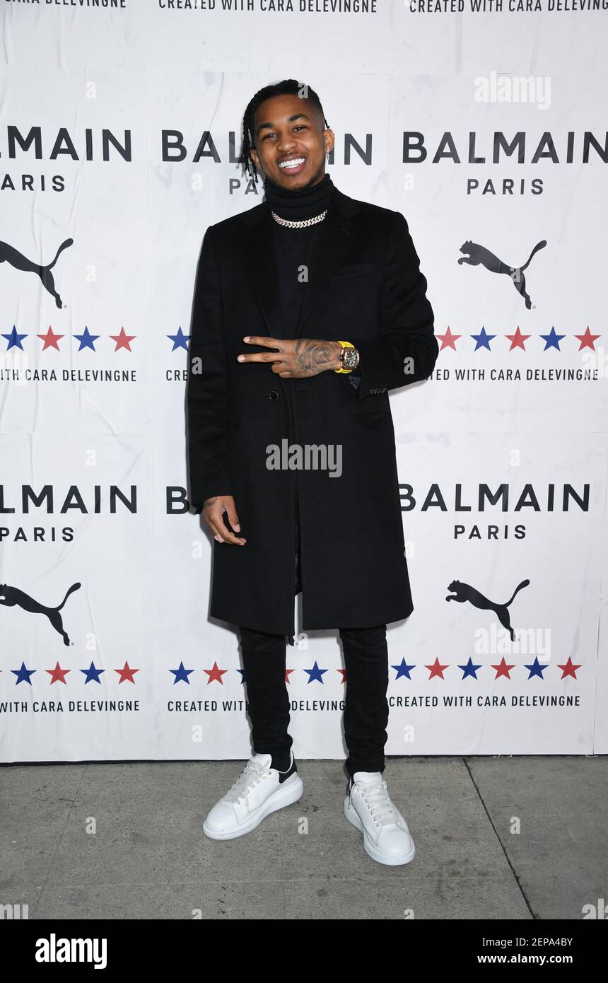 Rapper DDG wearing Puma X Balmain arrives to the Launch of Puma X Balmain  collaboration created by Cara Delevingne and Olivier Rousteing, held at  Milk Studios in Los Angeles, CA on Thursday,