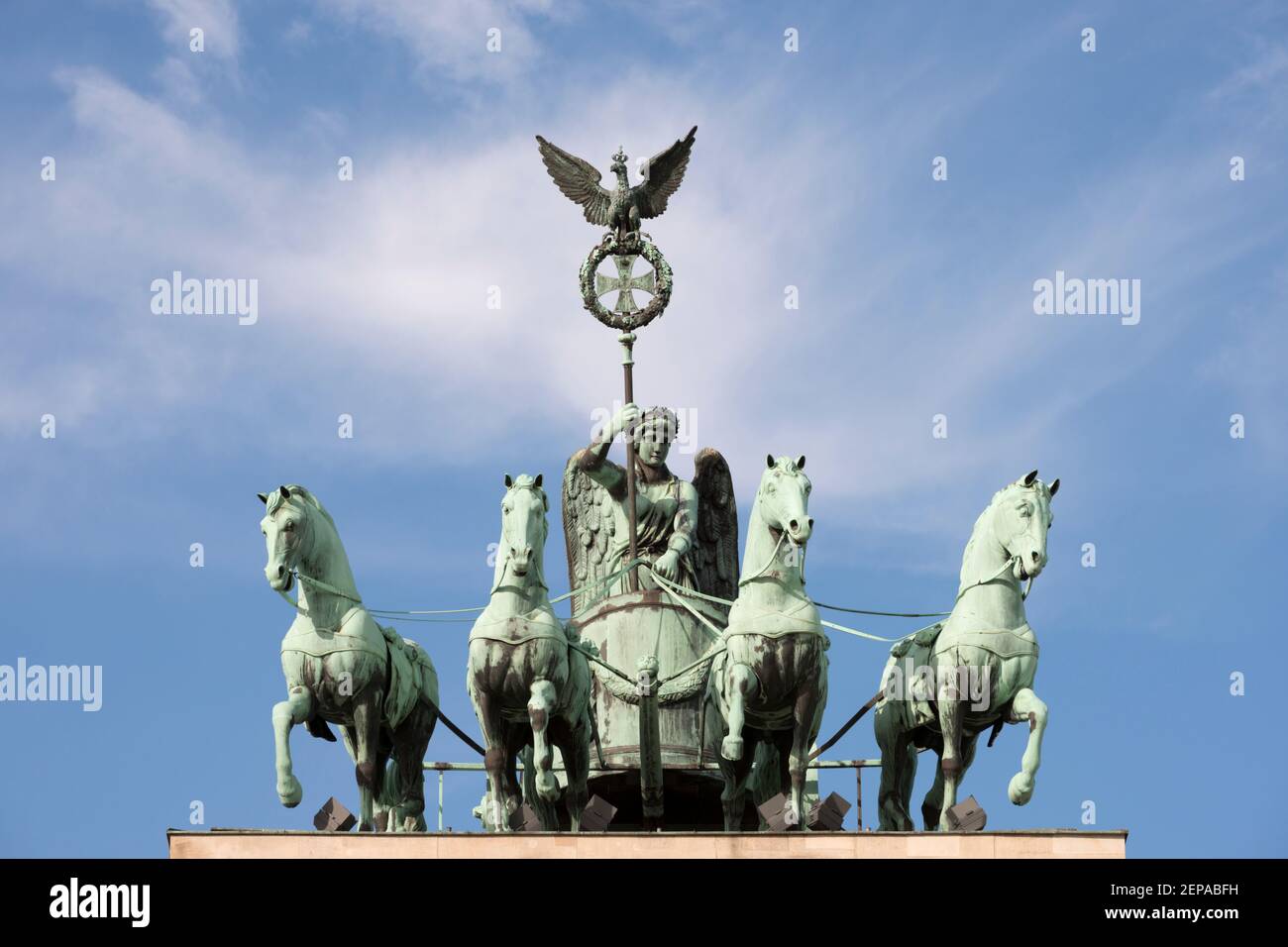 The Quadriga that sits atop the Brandenburg Gate in Berlin, Germany. Stock Photo