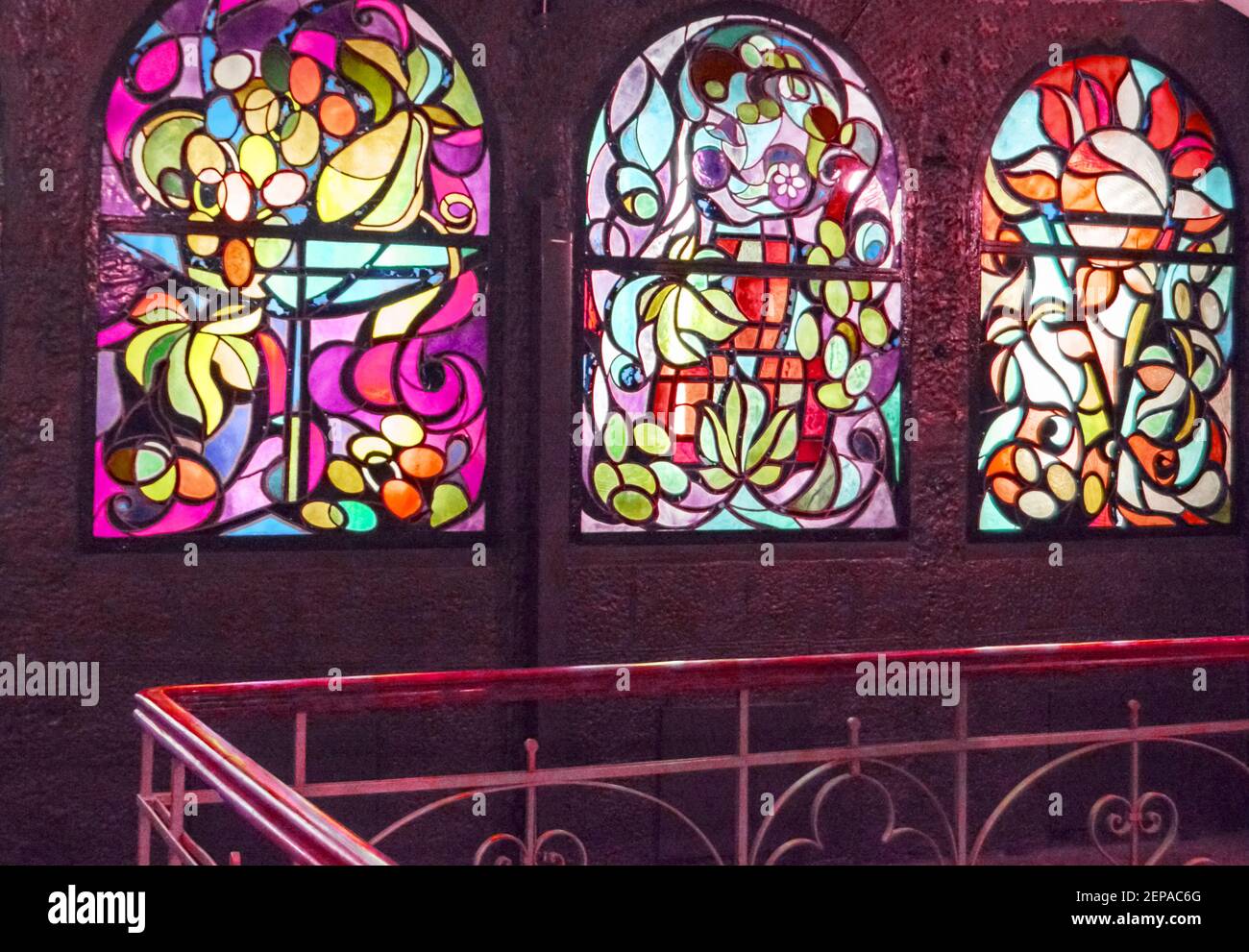 Stained Glass Windows In A Row And A Staircase Vintage Room Interior With Multi Colored Glass Art Windows Stock Photo Alamy