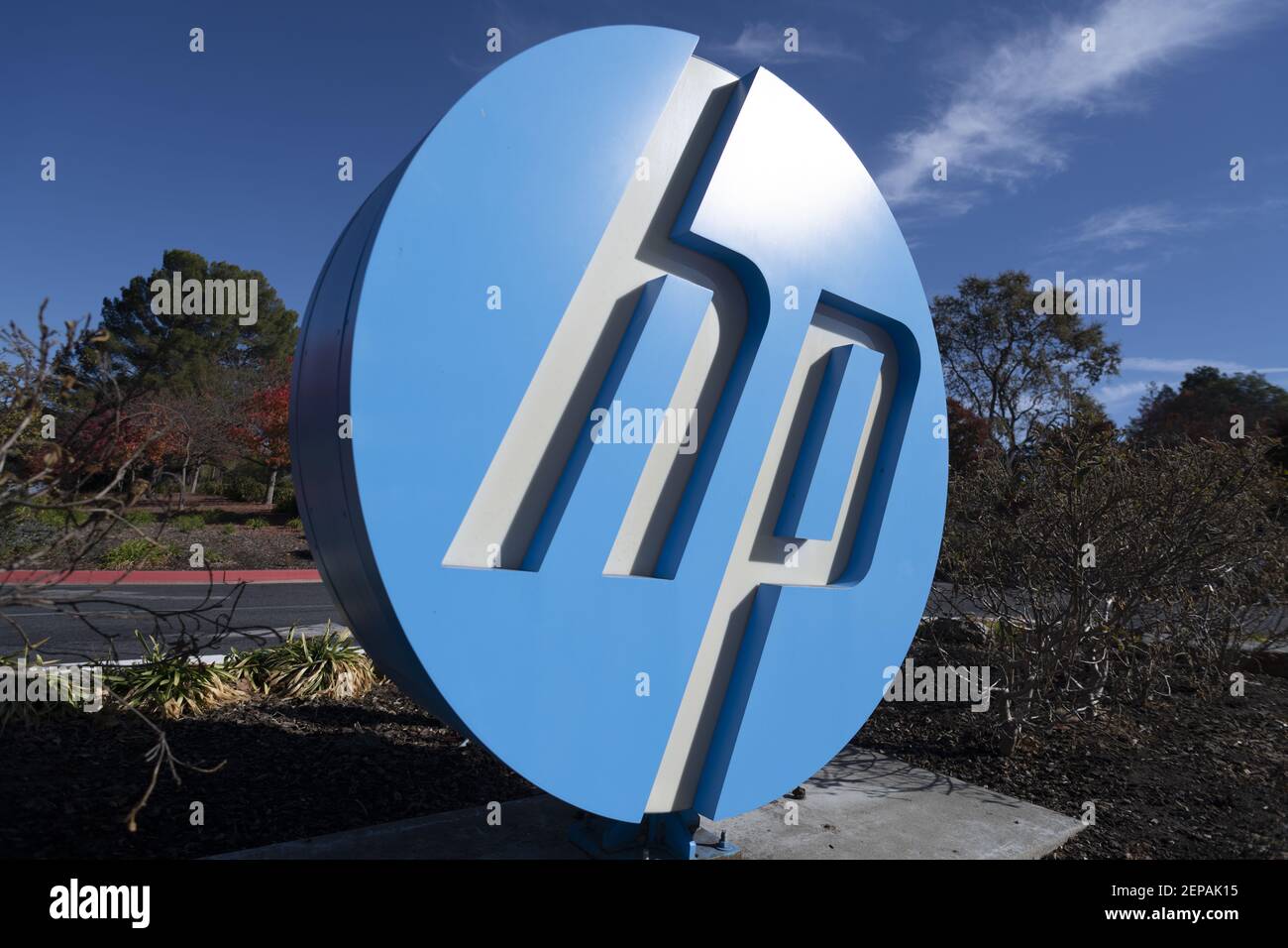 HP logo is seen at its headquarters in Palo Alto, California on ...