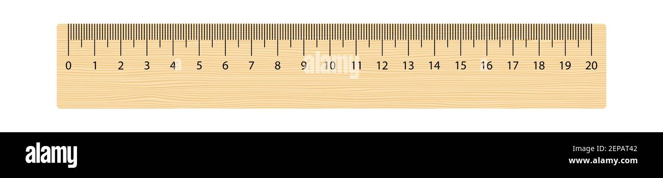 Realistic wooden ruler 20 centimeters. Math tool. Vector illustration isolated on white Stock Vector