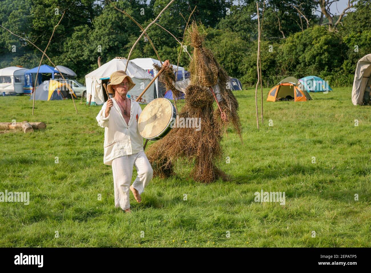 Traditional druid ceremony of the Wicker man at Pagan gathering. Cotswolds, England Stock Photo