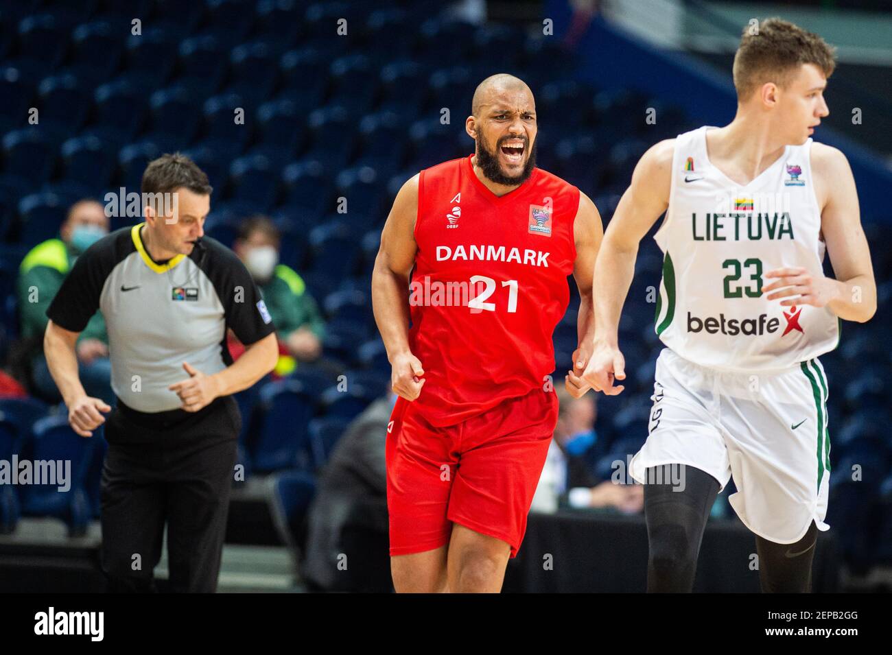 2021-02-22. FIBA EuroBasket 2022 Qualifiera Denmark 76 - 77 Lithuania.  Marek Blazevic, Kevin Larsen Stock Photo - Alamy