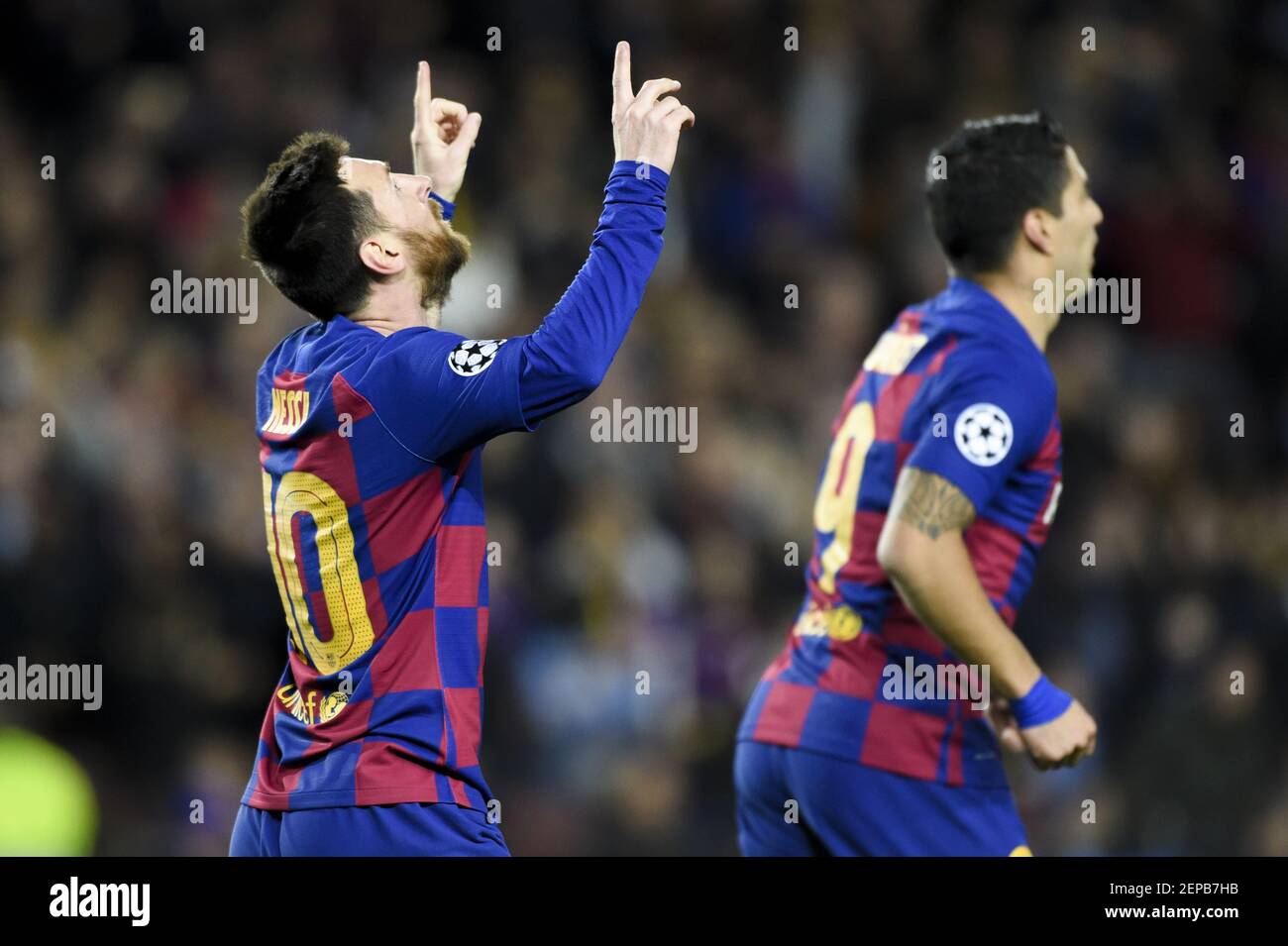 Lionel Messi of Barcelona celebrates scoring during the UEFA Champions League Group F match between FC Barcelona and Borussia Dortmund at Camp Nou Stadium in Barcelona, Spain on November 27, 2019 (Photo by Andrew Surma / SIPA USA) Stock Photo