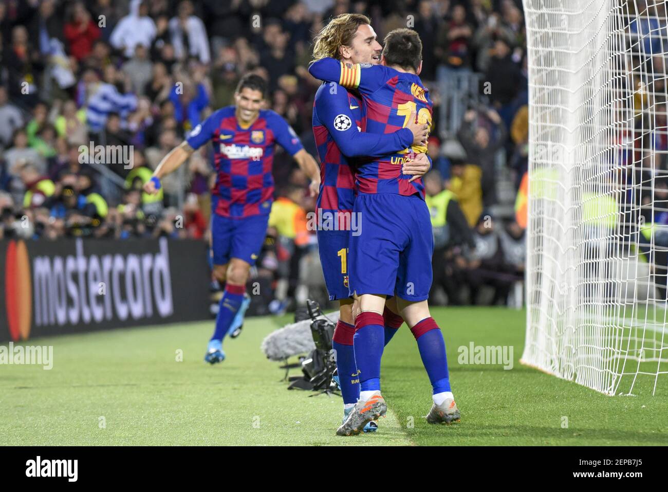 Lionel Messi of Barcelona celebrates his goal with Antoine Griezmann of Barcelona during the UEFA Champions League Group F match between FC Barcelona and Borussia Dortmund at Camp Nou Stadium in Barcelona, Spain on November 27, 2019 (Photo by Andrew Surma / SIPA USA) Stock Photo