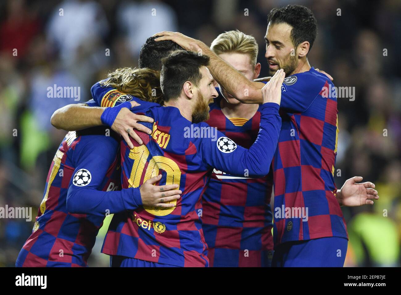 Lionel Messi of Barcelona celebrates his scoring with team-mates during the UEFA Champions League Group F match between FC Barcelona and Borussia Dortmund at Camp Nou Stadium in Barcelona, Spain on November 27, 2019 (Photo by Andrew Surma / SIPA USA) Stock Photo
