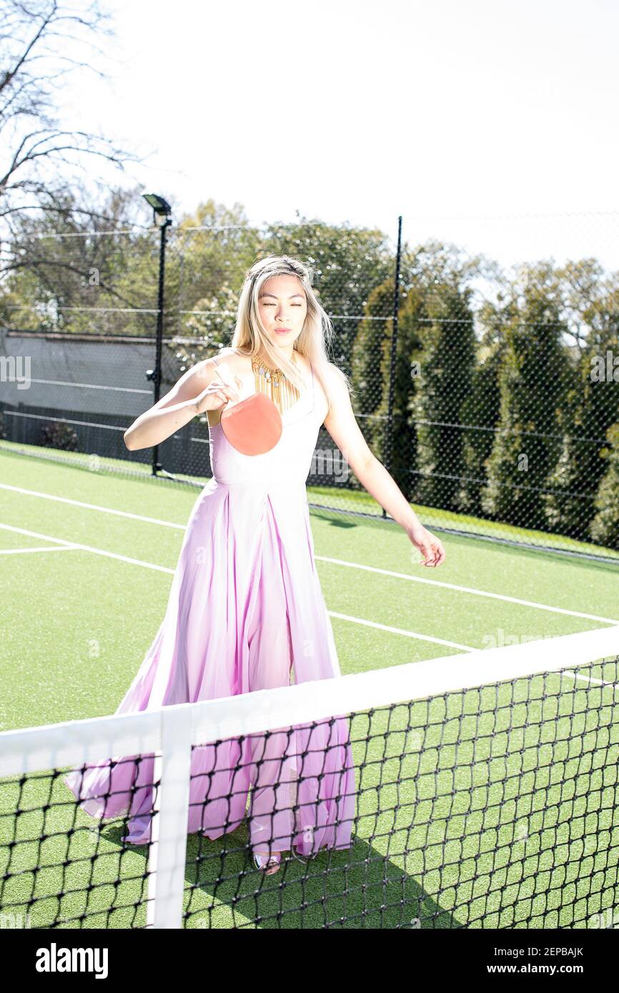 Tennis court fashion story with to models Stock Photo Alamy