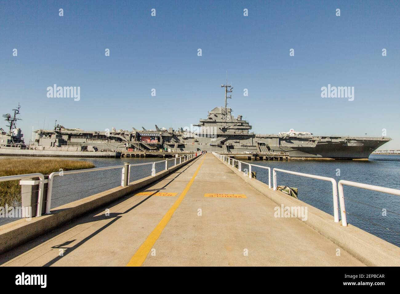Mount Pleasant, South Carolina, USA - February 21, 2021 - The USS Yorktown aircraft carrier now operates as a museum and memorial at Patriots Point. Stock Photo