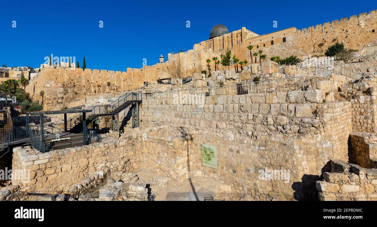Jerusalem, Israel - October 12, 2017: Temple Mount south wall with Al-Aqsa Mosque and archeological excavation site in Jerusalem Old City Stock Photo