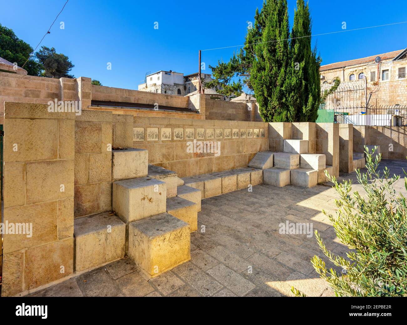 Jerusalem, Israel - October 12, 2017: Via Dolorosa monument at Lions’ Street opposite Lions’ Gate in eastern Islamic quarter of Jerusalem Old City Stock Photo