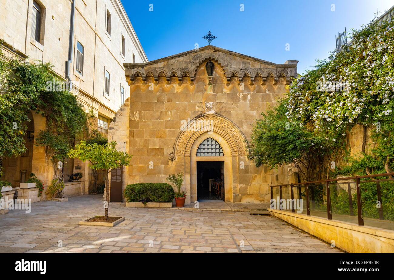 Jerusalem, Israel - October 12, 2017: Facade of medieval Church of the Flagellation at Via Dolorosa street in eastern Islamic quarter of Old City Stock Photo