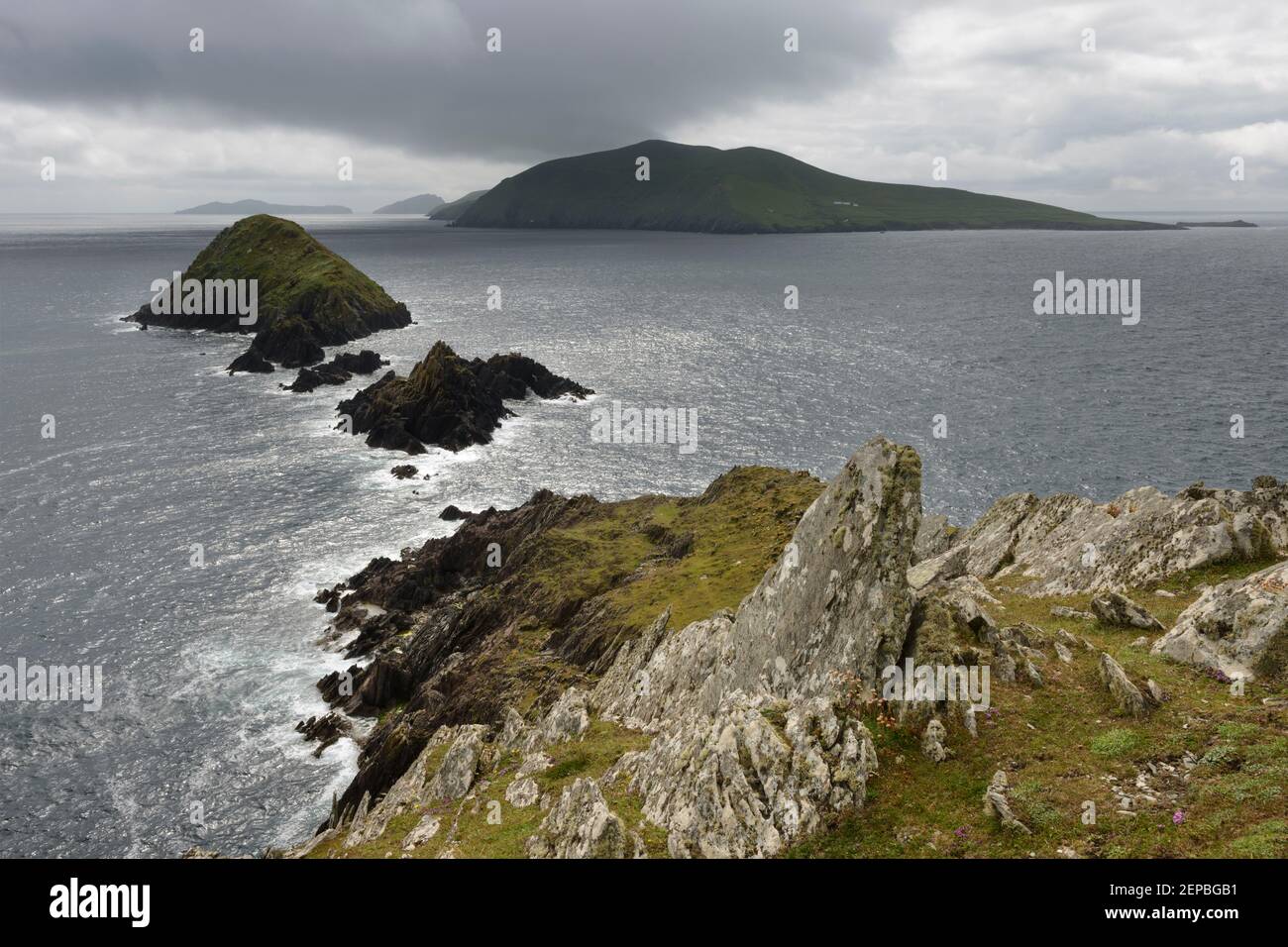View from Slea Head towards the Blasket Islands off the coast of the Dingle Peninsula, Ireland. Stock Photo