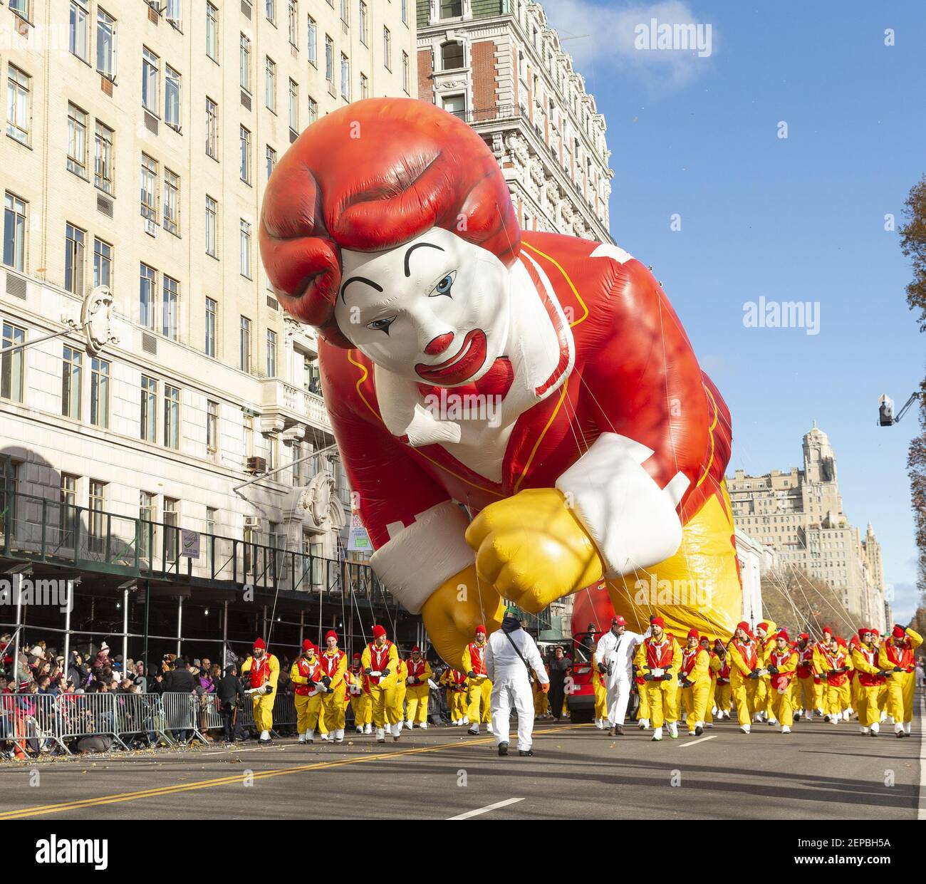 Ronald McDonald giant balloon flown low because of high wind at 93rd ...