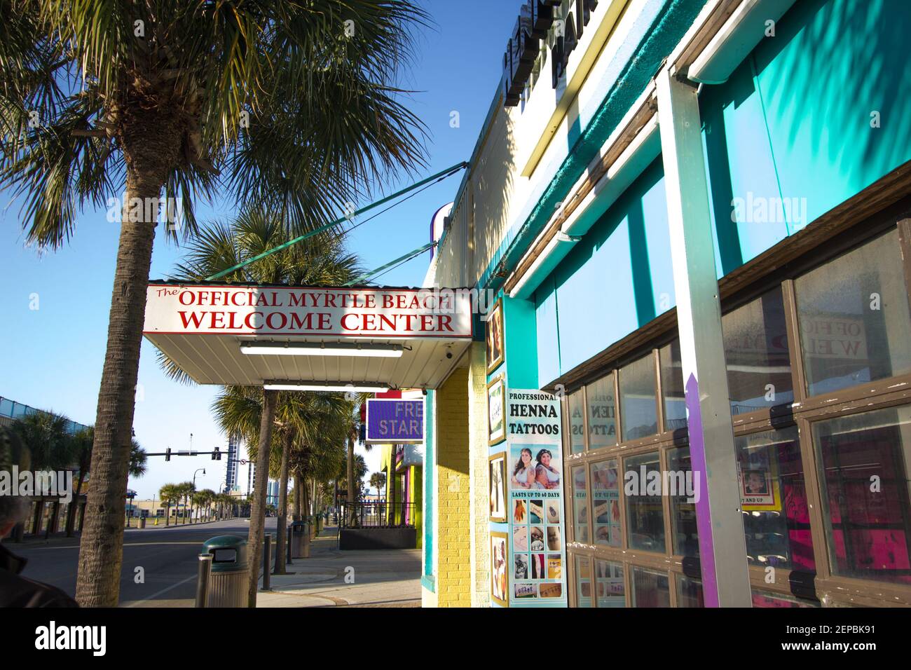 Myrtle Beach, South Carolina, USA - February 25, 2021: Sign for the official Myrtle Beach Welcome Center on Ocean Boulevard in downtown Myrtle Beach. Stock Photo