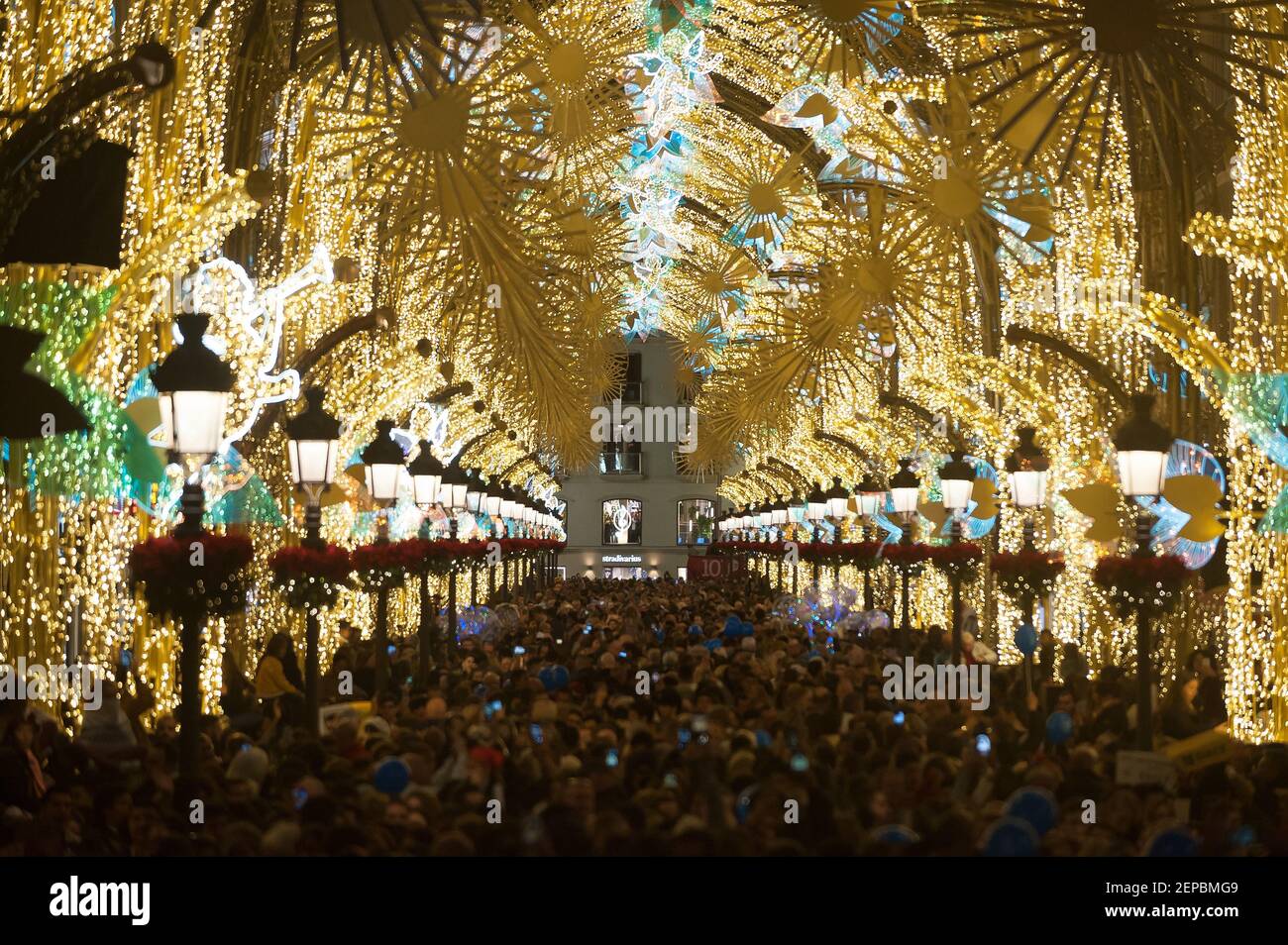 Christmas lights at Marques de Larios street during the lights turn on