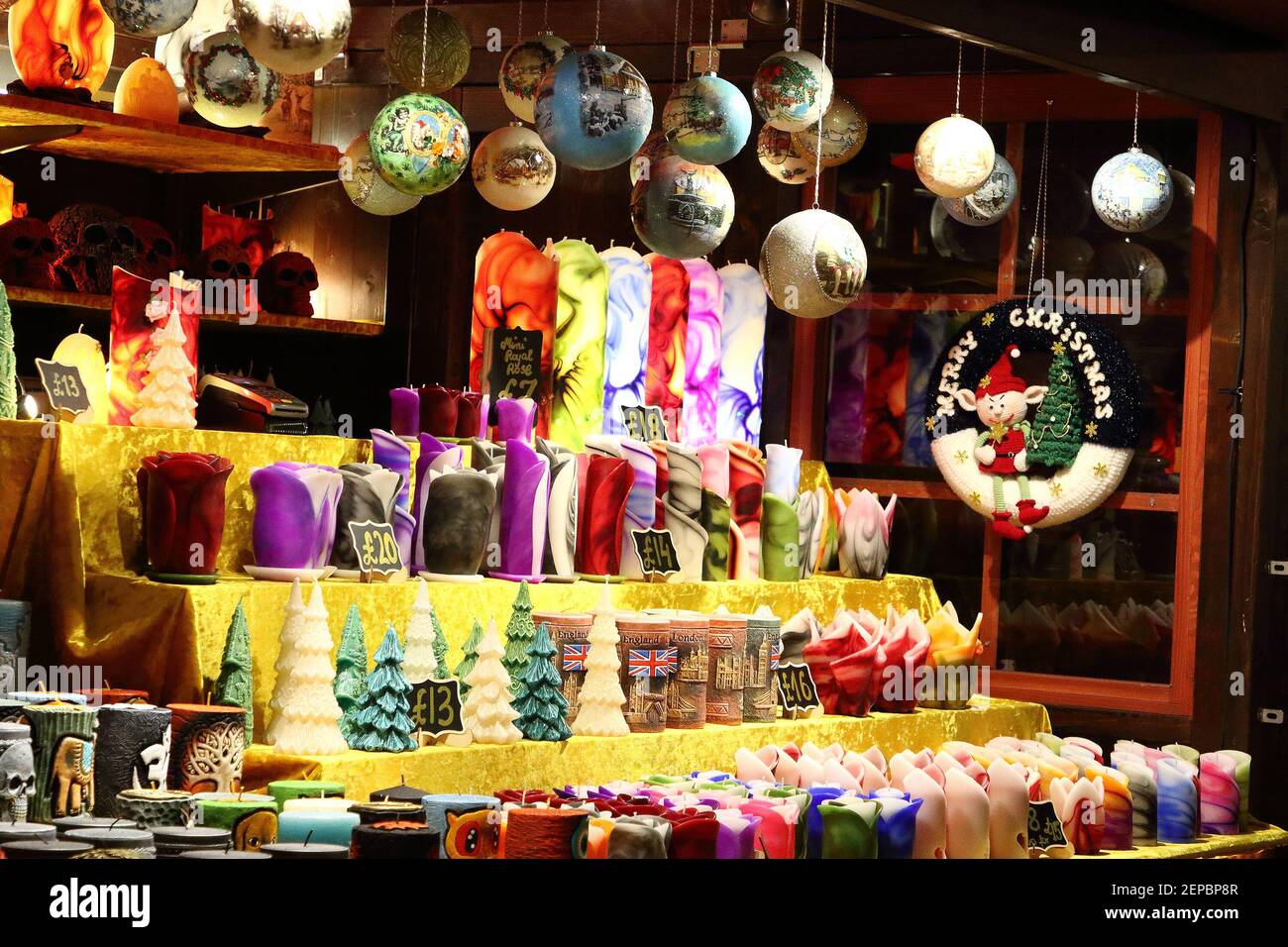 Christmas decorations on sale at the stalls at Christmas in Leicester