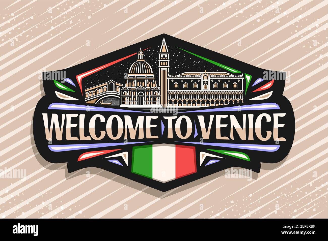 Vector logo for Venice, black decorative tag with illustration of famous venice city scape on dusk sky background, art design tourist fridge magnet wi Stock Vector
