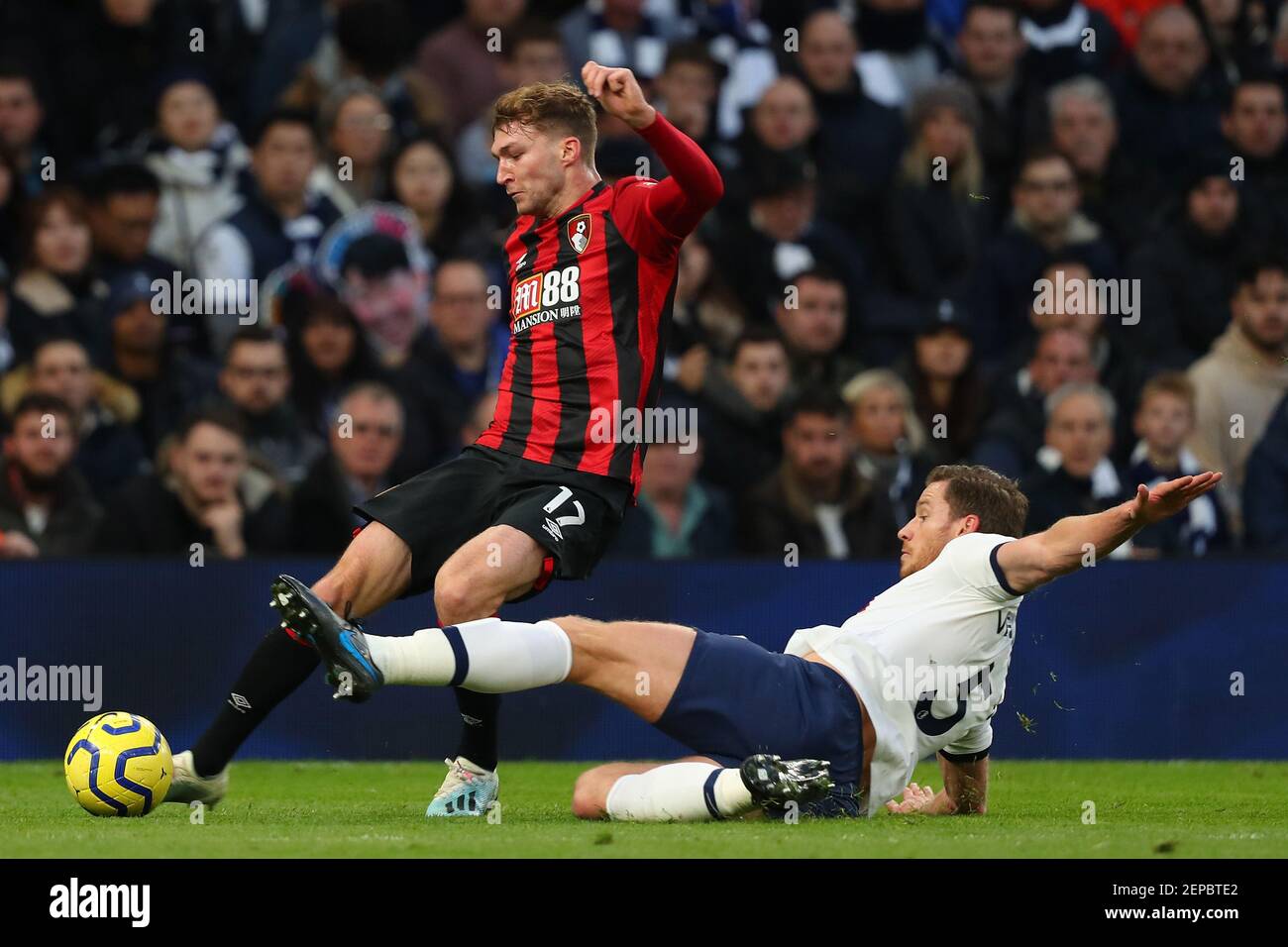 Bournemouth's defender Jack Stacey and Tottenham's defender Jan Vertonghen compete for the ball during the Barclays Premier League match between Tottenham Hotspur and Bournemouth at the Tottenham Hotspur Stadium, London, England. On the 30th November 2019. (Photo by AFS/Espa-Images)(Credit Image: &copy; ESPA/Cal Sport Media/Sipa USA Photo Agency/CSM/Sipa USA) Stock Photo