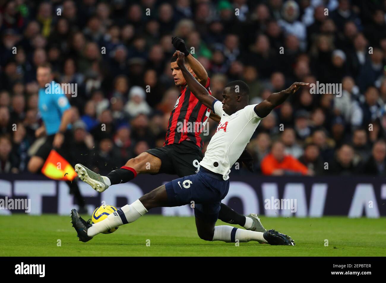 Bournemouth's forward Dominic Solanke and Tottenham's defender Davinson Sanchez compete for the ball during the Barclays Premier League match between Tottenham Hotspur and Bournemouth at the Tottenham Hotspur Stadium, London, England. On the 30th November 2019. (Photo by AFS/Espa-Images)(Credit Image: &copy; ESPA/Cal Sport Media/Sipa USA Photo Agency/CSM/Sipa USA) Stock Photo