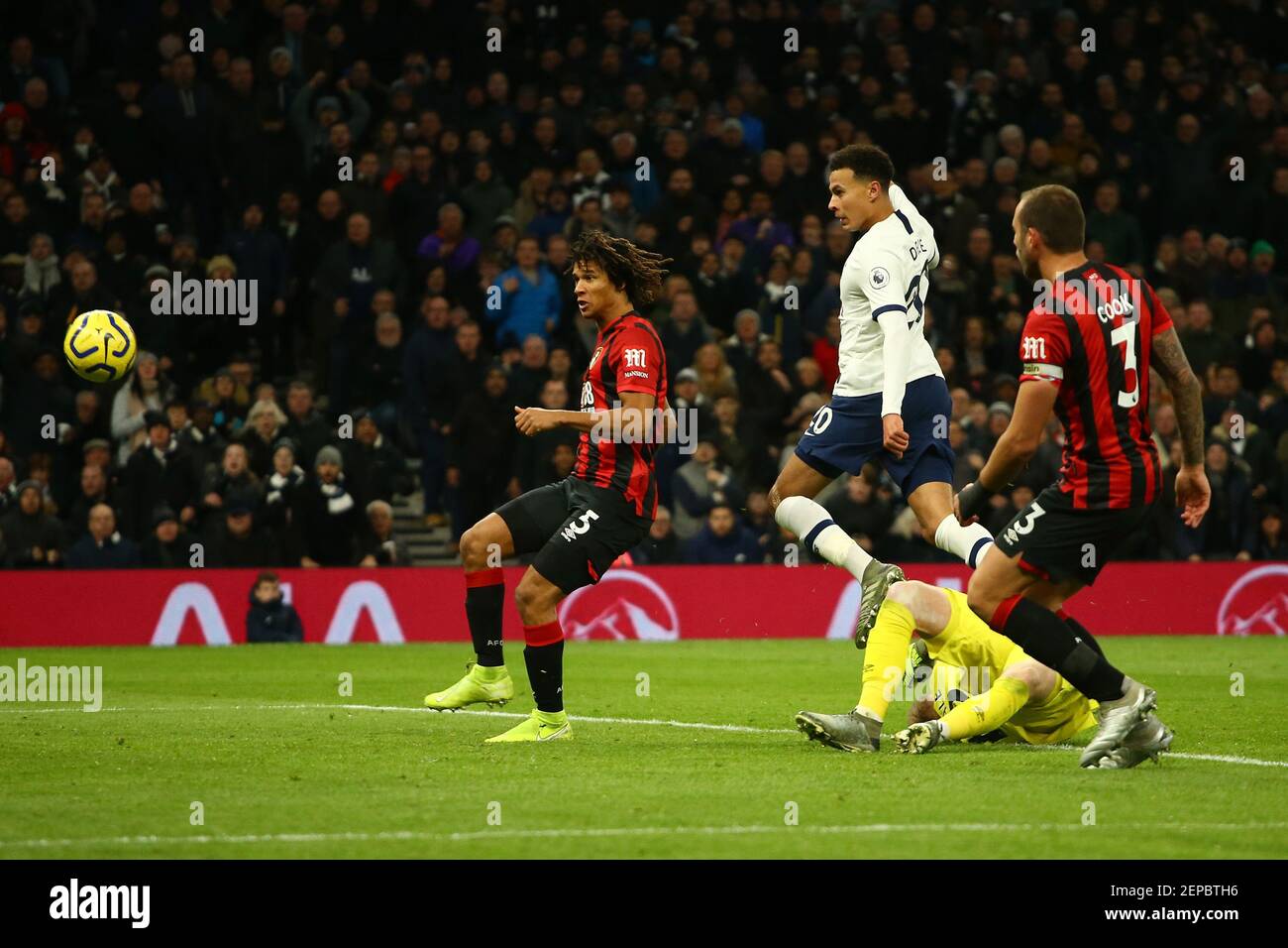 Tottenham's midfielder Dele Alli scores a goal during the Barclays Premier League match between Tottenham Hotspur and Bournemouth at the Tottenham Hotspur Stadium, London, England. On the 30th November 2019. (Photo by AFS/Espa-Images)(Credit Image: &copy; ESPA/Cal Sport Media/Sipa USA Photo Agency/CSM/Sipa USA) Stock Photo