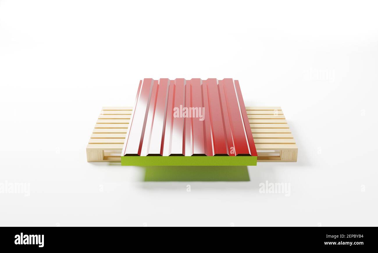 3D render of a metal profiled panel withs filler-mineral wool on a pallet isolated on a white background.Illustration of a digital image for industria Stock Photo