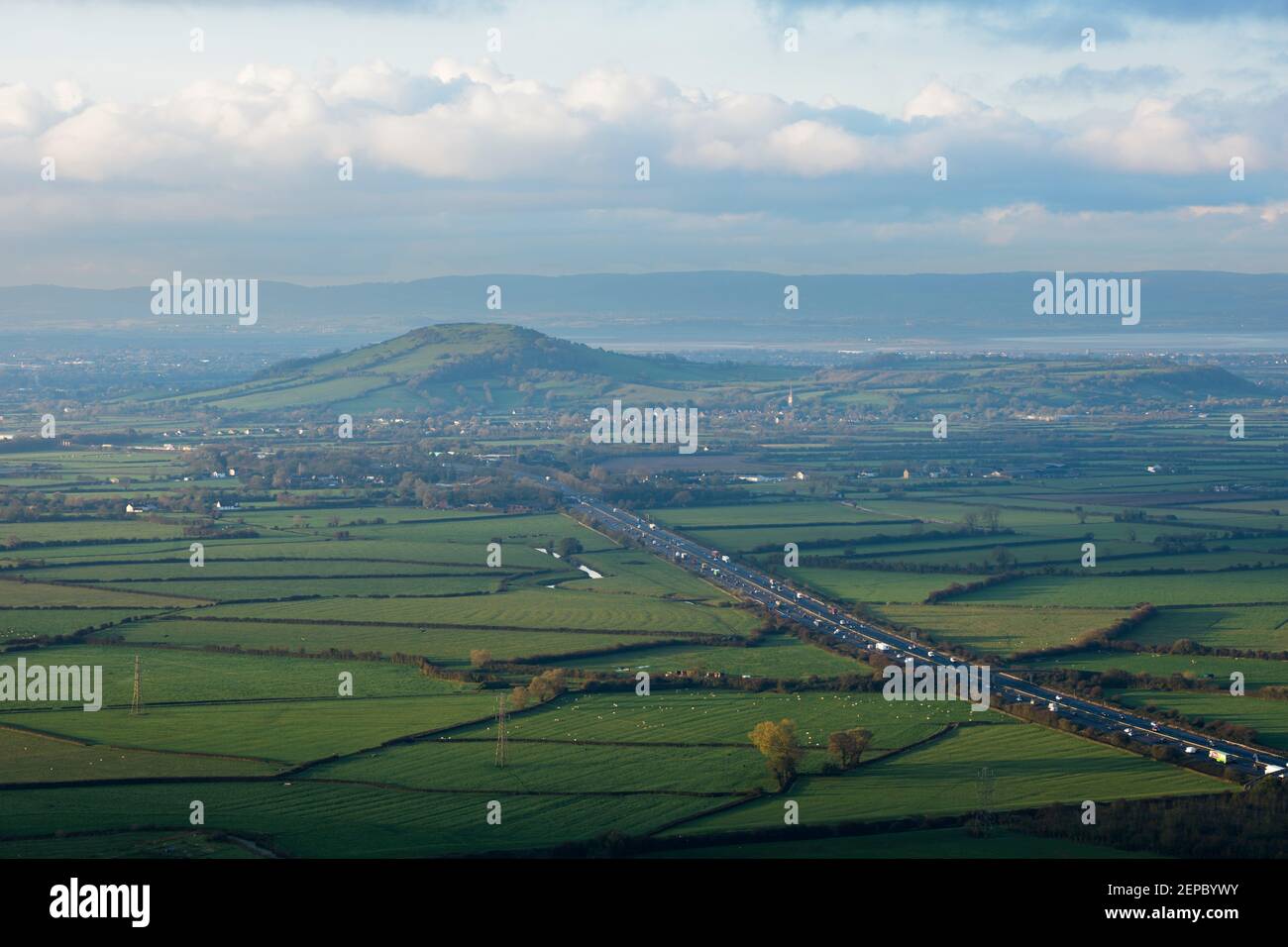 Traffic travelling on the M5 motorway near Brent Knoll, Somerset. Stock Photo